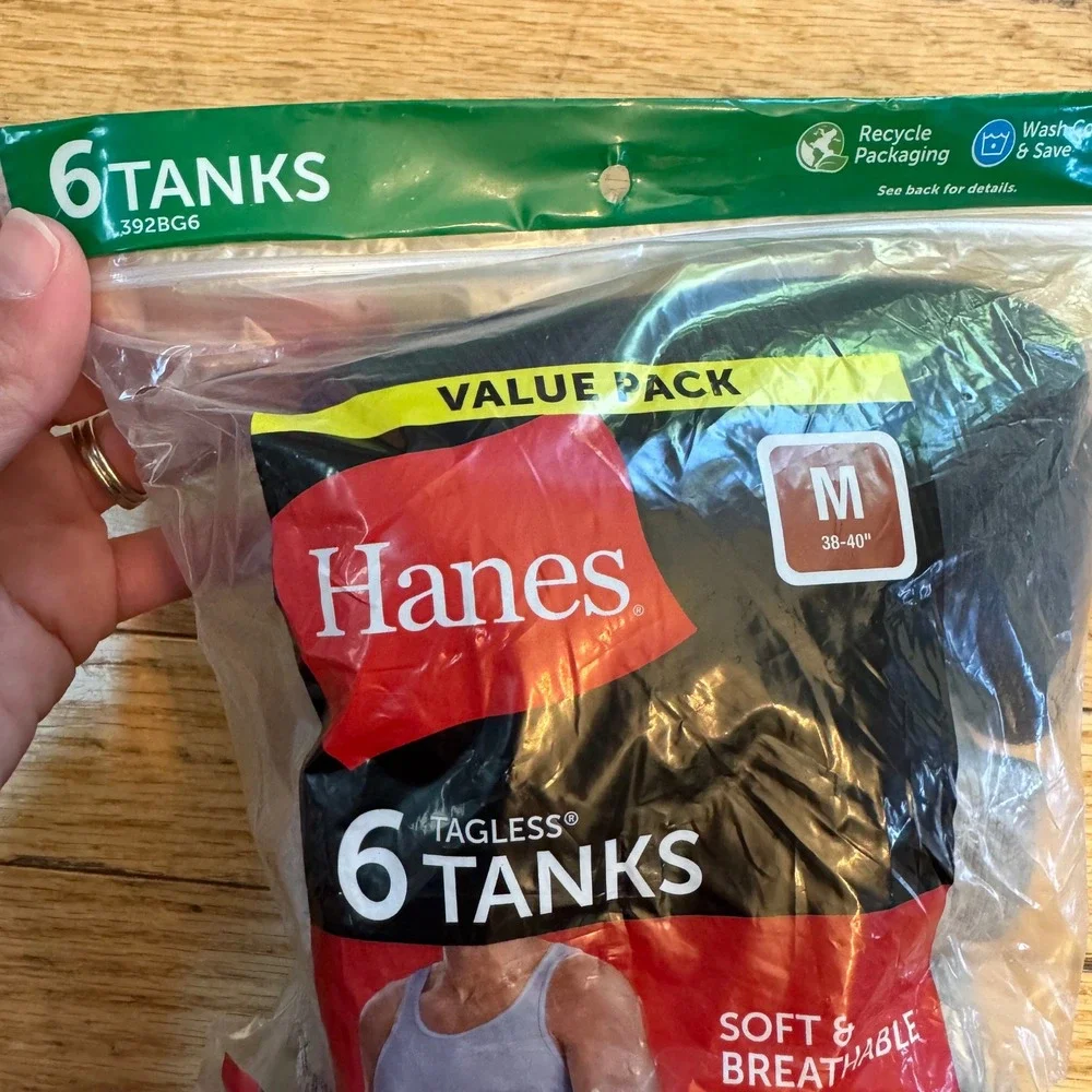 Hanes Mens Tagless Ribbed Tank Top 5 Pack Black Grey Heather Size M